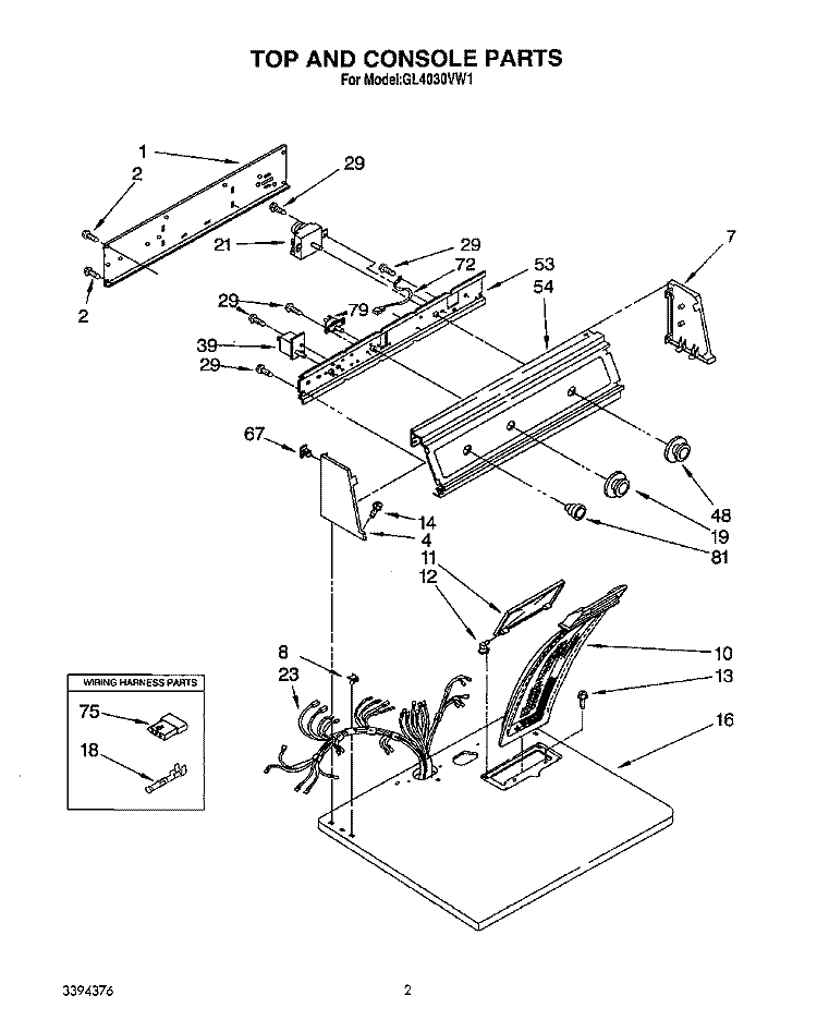 TOP AND CONSOLE, LIT/OPTIONAL Diagram and Parts List for GL4030VL1  Roper Dryer