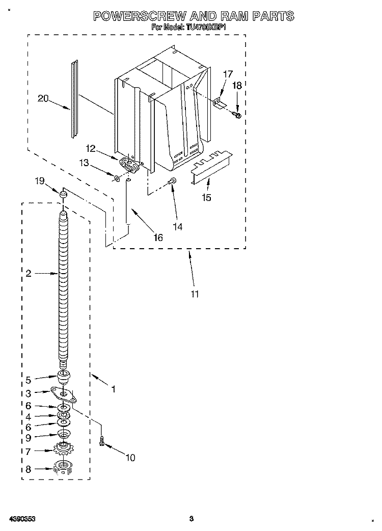 POWERSCREW AND RAM Diagram and Parts List for TU4700XBP1  Whirlpool Trash Compactor