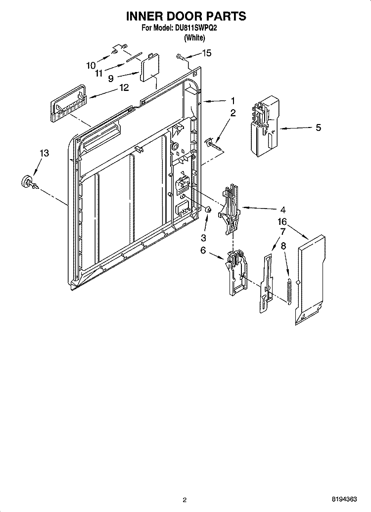 INNER DOOR PARTS Diagram and Parts List for DU811SWPQ2  Whirlpool Dishwasher