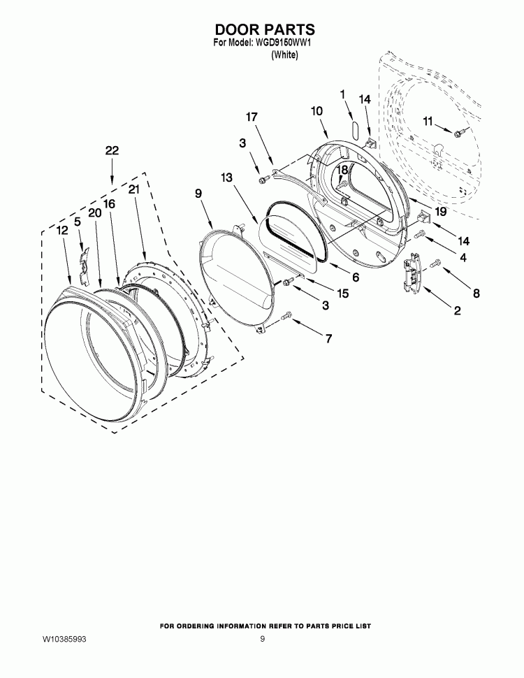 DOOR PARTS Diagram and Parts List for WGD9150WW1  Whirlpool Dryer