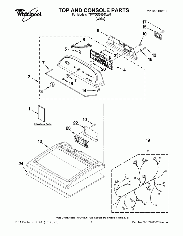 TOP AND CONSOLE PARTS Diagram and Parts List for 7MWGD5550XW0  Whirlpool Dryer