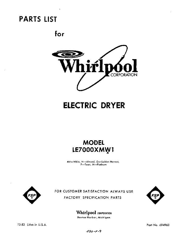 SECTION Diagram and Parts List for LE7000XMW1  Whirlpool Dryer