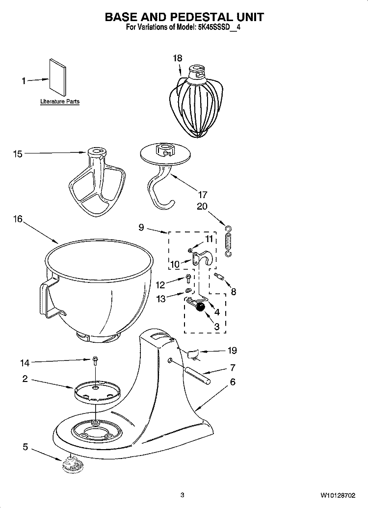 BASE AND PEDESTAL UNIT Diagram and Parts List for 5K45SSSDWH4  KitchenAid Mixer