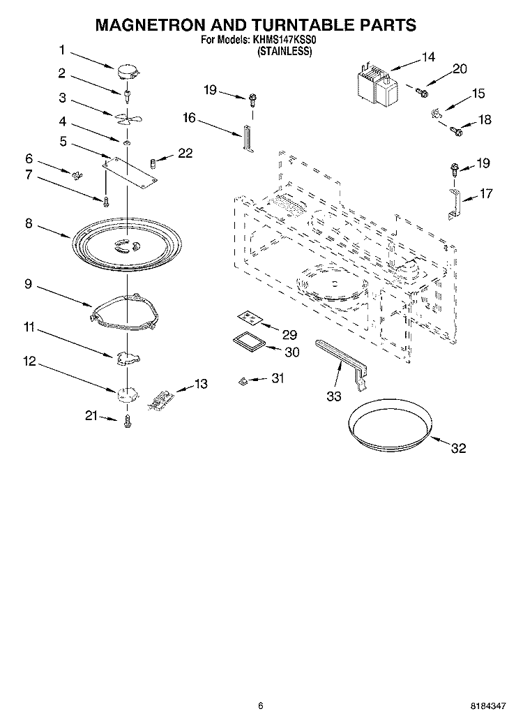 MAGNETRON AND TURNTABLE Diagram and Parts List for KHMS147KSS0  KitchenAid Microwave