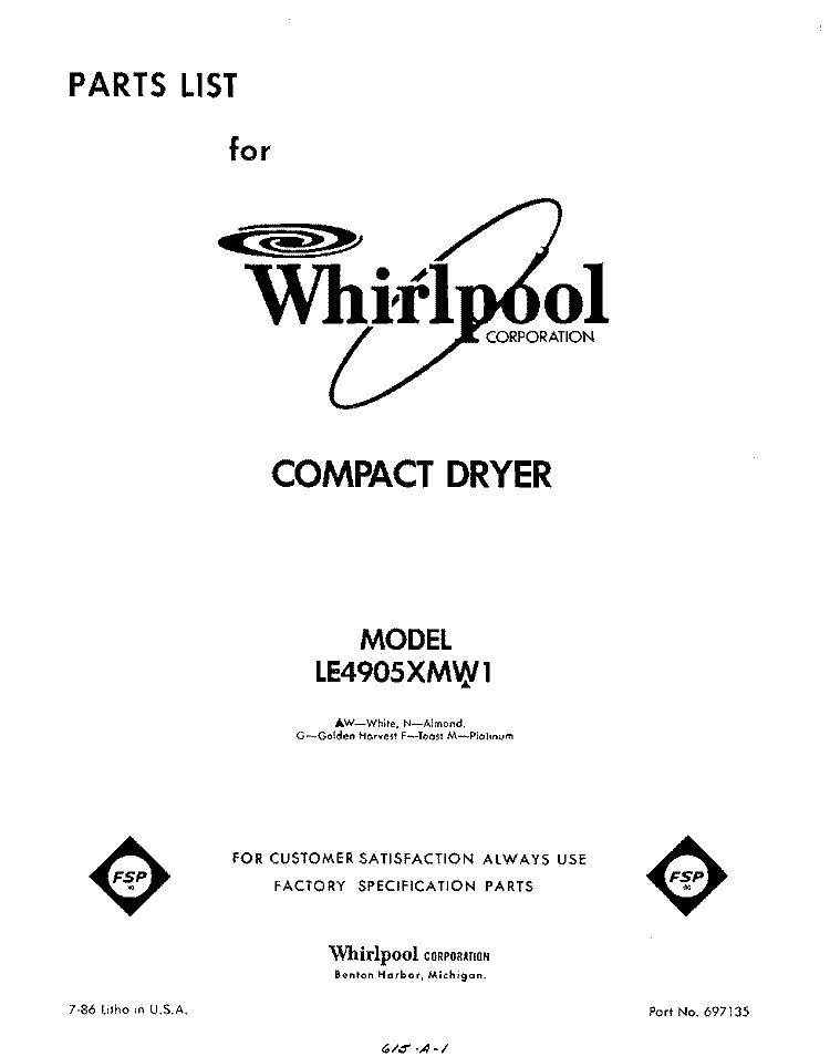 SECTION Diagram and Parts List for LE4905XMW1  Whirlpool Dryer