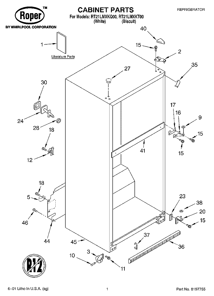 CABINET, LITERATURE Diagram and Parts List for RT21LMXKQ00  Roper Refrigerator