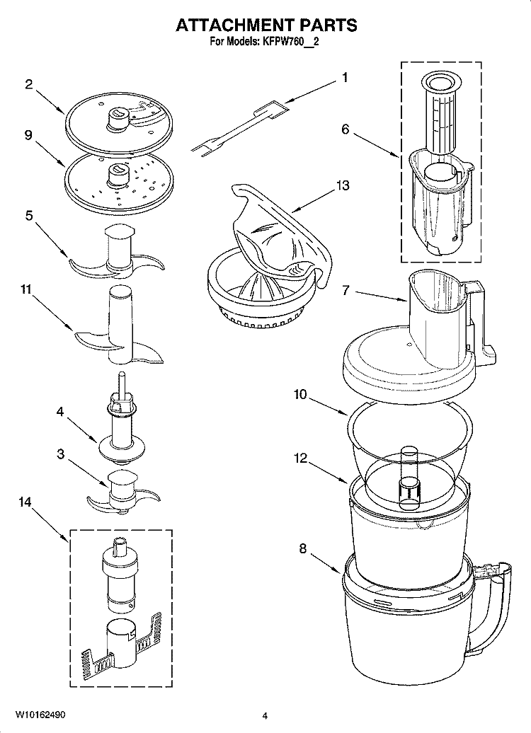 ATTACHMENT PARTS Diagram and Parts List for 4KFPW760WH2  KitchenAid Food Processor