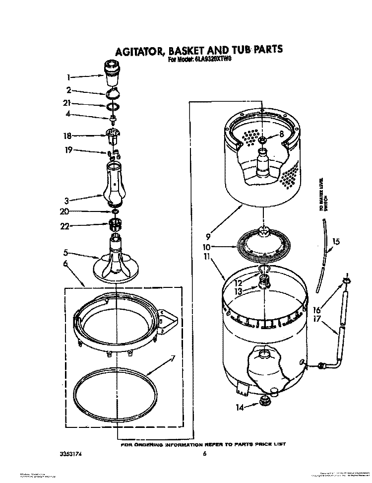 AGITATOR, BASKET AND TUB Diagram and Parts List for 6LA9320XTW0  Whirlpool Washer