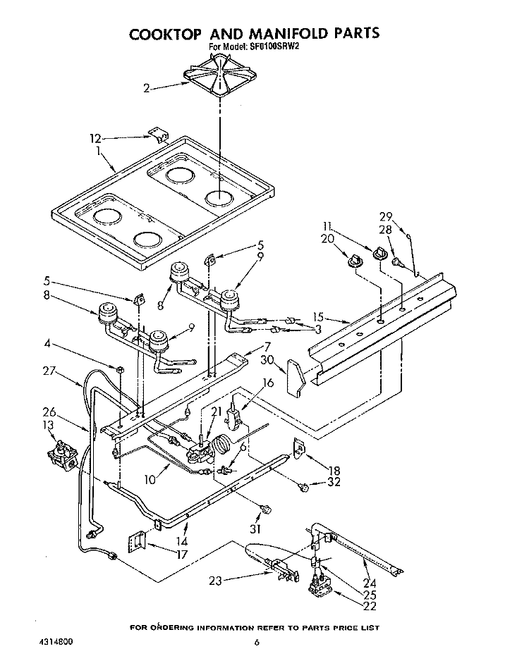 COOKTOP AND MANIFOLD, LIT/OPTIONAL Diagram and Parts List for SF0100SRW2  Whirlpool Range