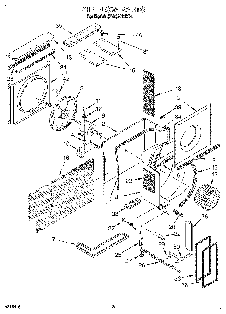AIR FLOW Diagram and Parts List for 3XACM12DD1  Whirlpool Air Conditioner