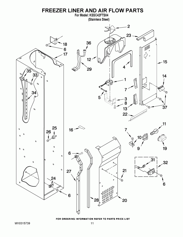 FREEZER LINER AND AIR FLOW PARTS Diagram and Parts List for KSSC42FTS04  KitchenAid Refrigerator