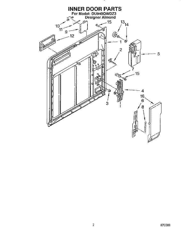 INNER DOOR Diagram and Parts List for DU940QWDZ3  Whirlpool Dishwasher