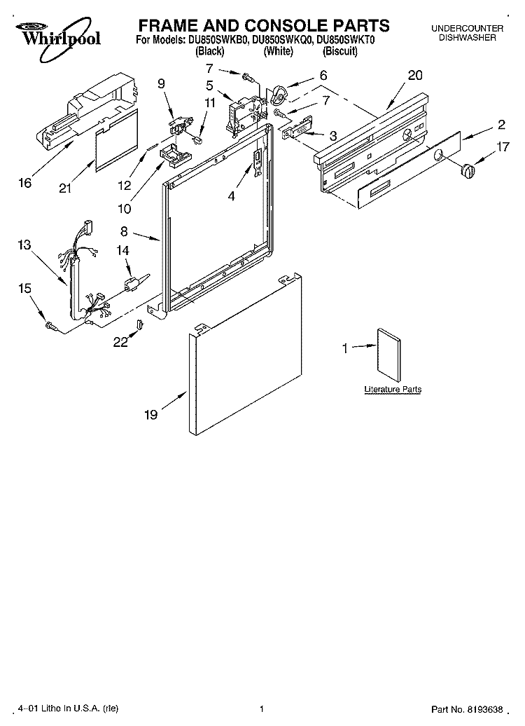 FRAME AND CONSOLE, LITERATURE Diagram and Parts List for DU850SWKQ0  Whirlpool Dishwasher