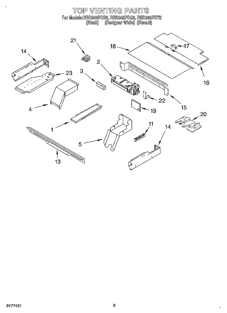 TOP VENTING Diagram and Parts List for RBD245PDQ8  Whirlpool Wall Oven