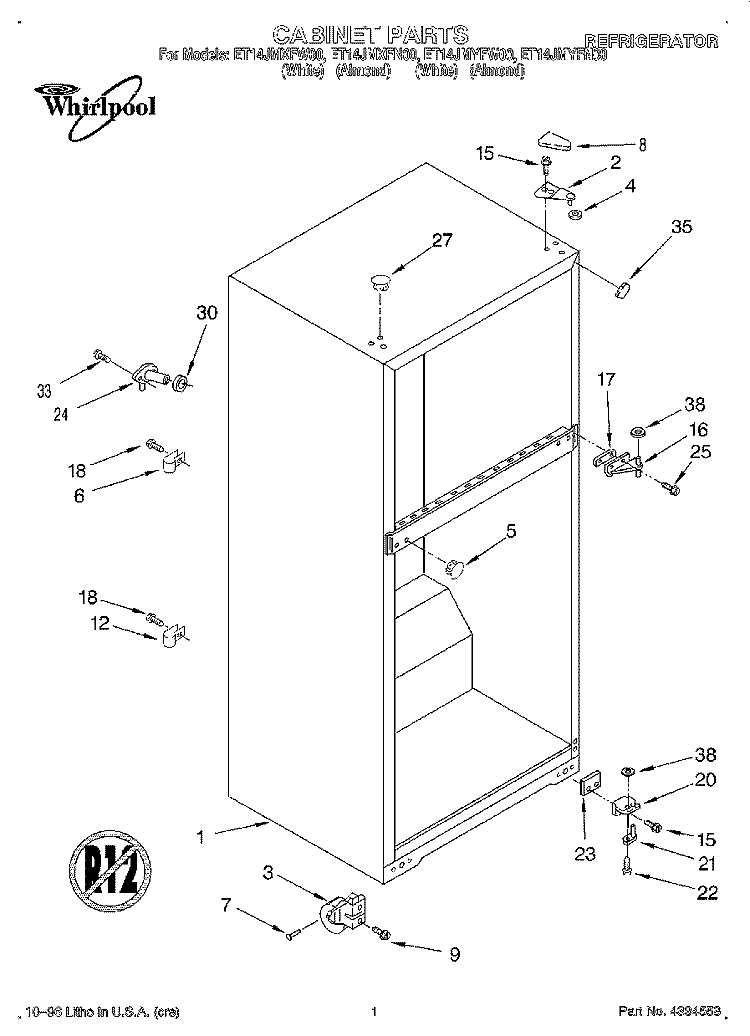 CABINET Diagram and Parts List for ET14JMXFN00  Whirlpool Refrigerator
