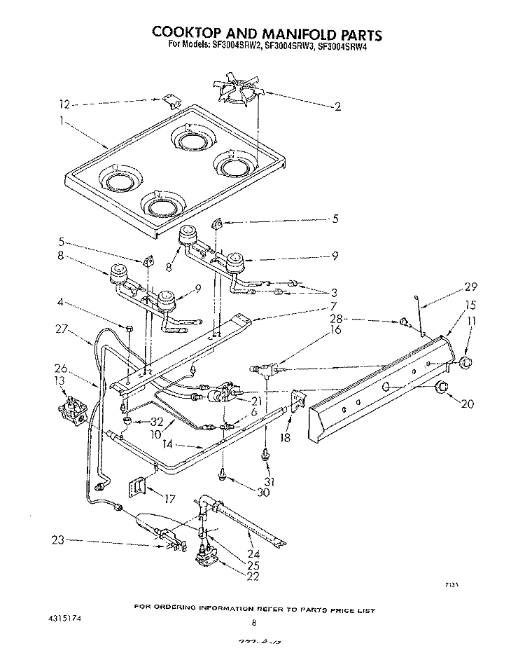 COOK TOP AND MANIFOLD , LITERATURE Diagram and Parts List for SF3004SRW2  Whirlpool Range