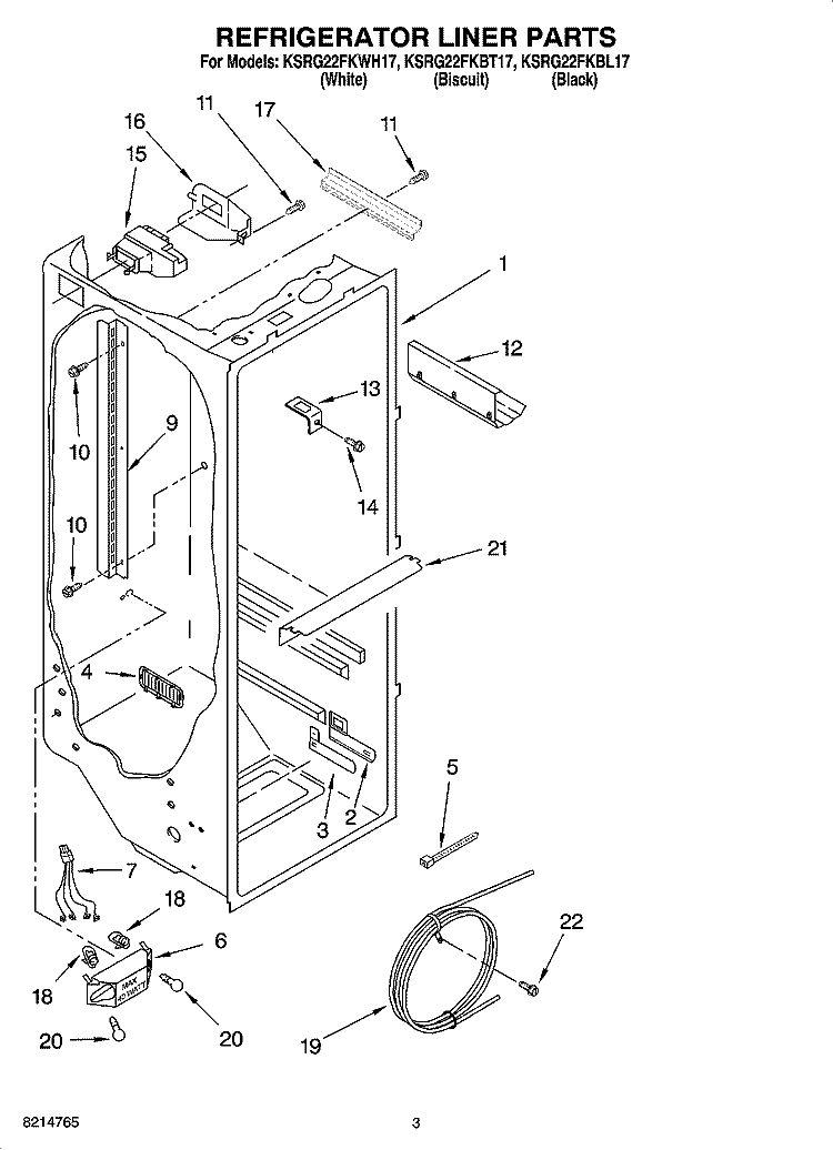 REFRIGERATOR LINER PARTS Diagram and Parts List for KSRG22FKBL17  KitchenAid Refrigerator