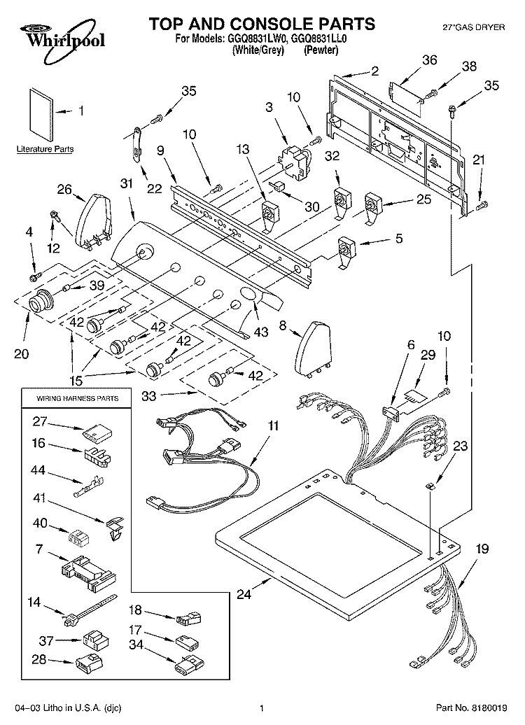 TOP AND CONSOLE PARTS Diagram and Parts List for GGQ8831LW0  Whirlpool Dryer