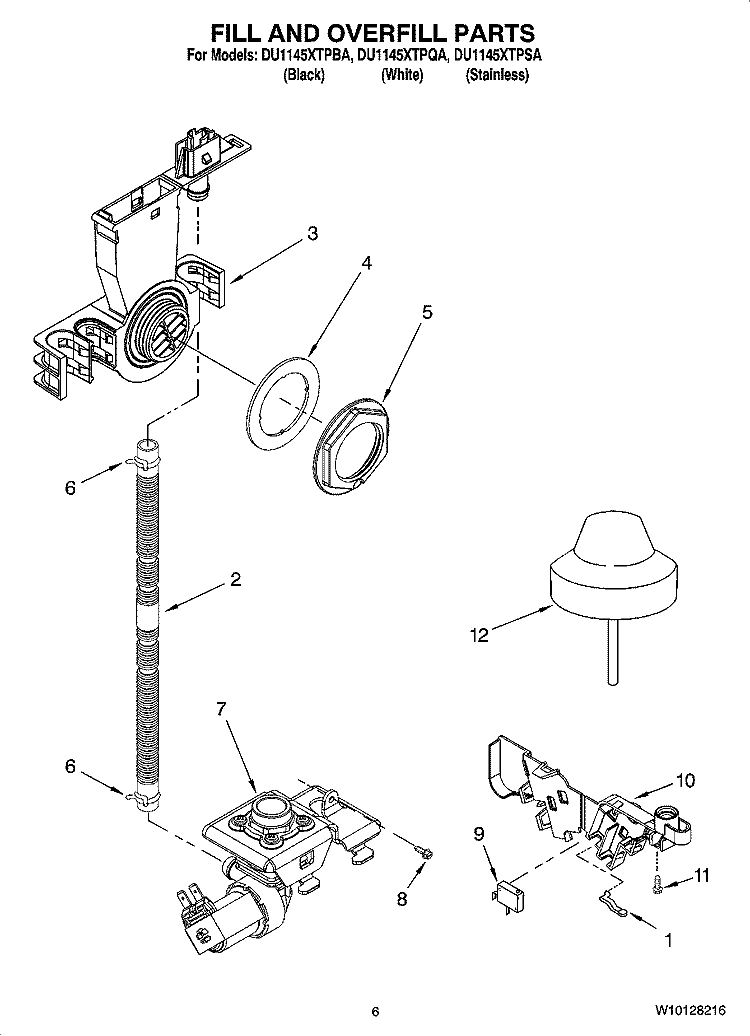 FILL AND OVERFILL PARTS Diagram and Parts List for DU1145XTPBA  Whirlpool Dishwasher