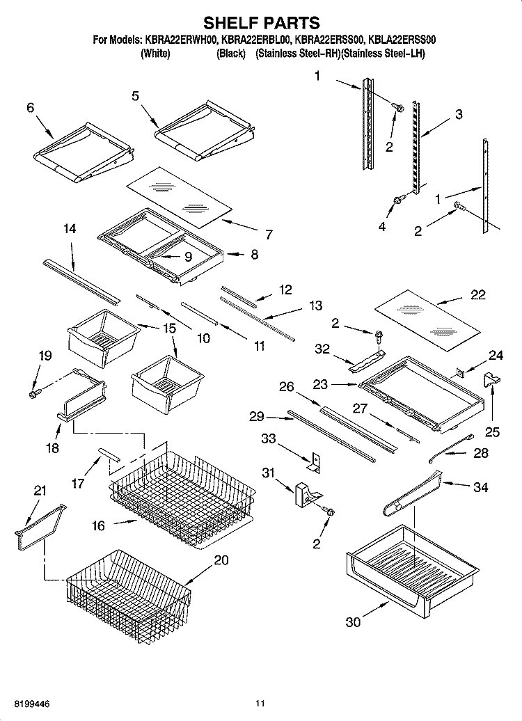 SHELF PARTS Diagram and Parts List for KBLA22ERSS00  KitchenAid Refrigerator