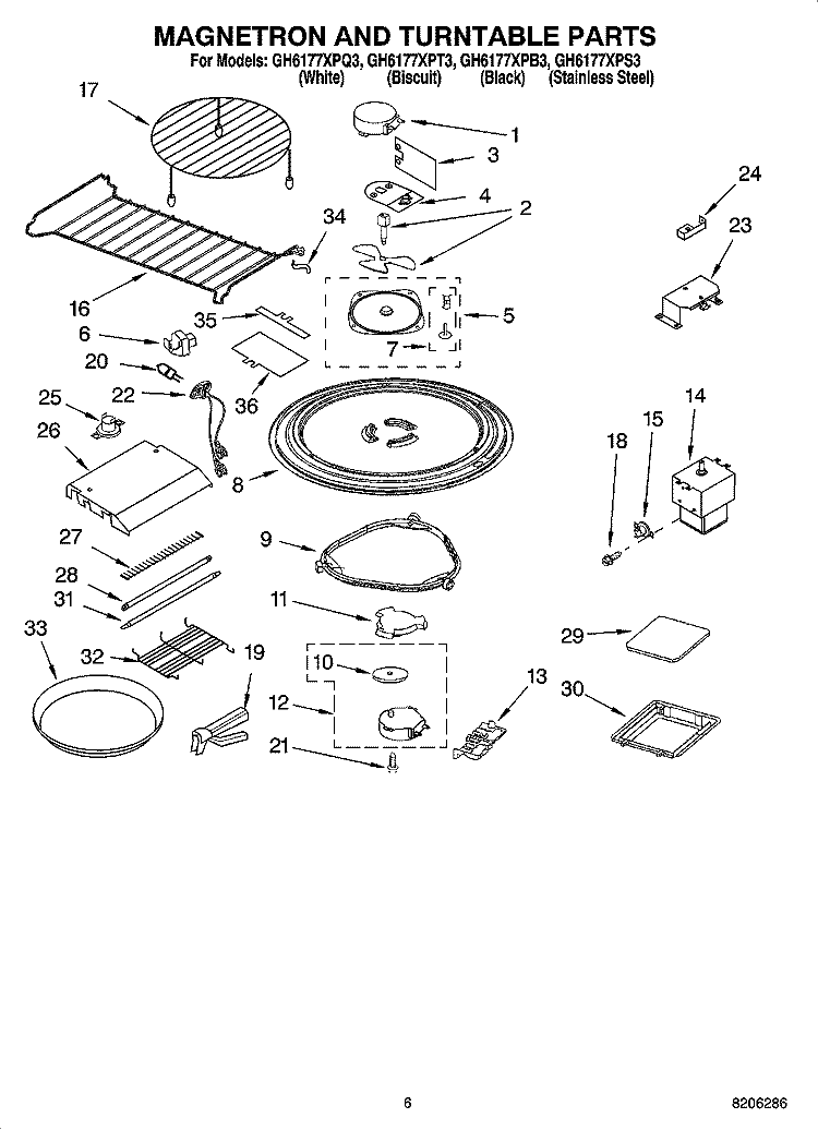 MAGNETRON AND TURNTABLE PARTS Diagram and Parts List for GH6177XPB3  Whirlpool Microwave