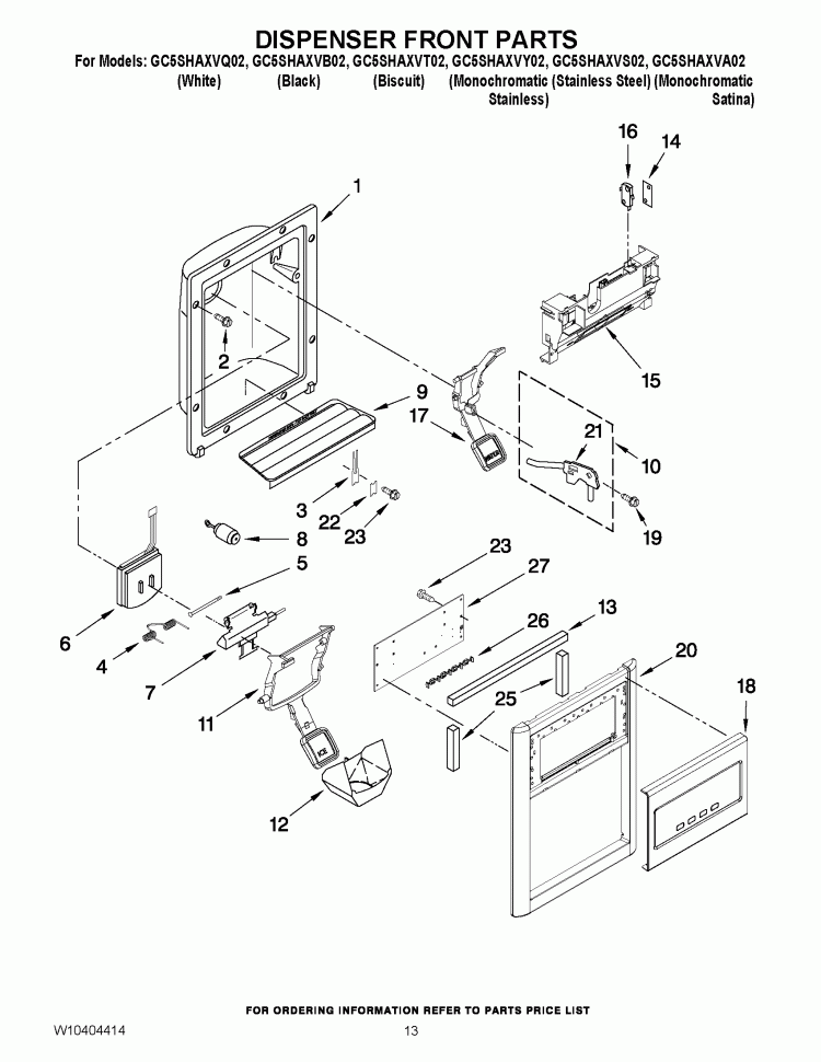 DISPENSER FRONT PARTS Diagram and Parts List for GC5SHAXVT02  Whirlpool Refrigerator