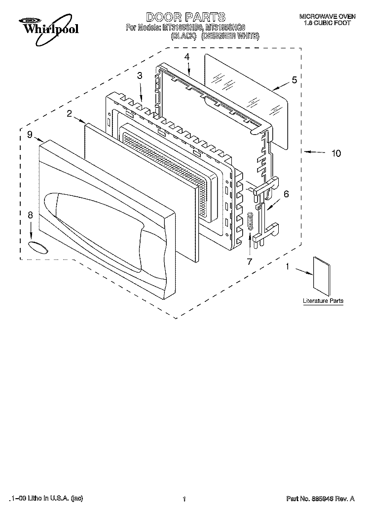 DOOR, LITERATURE Diagram and Parts List for MT3185SHB0  Whirlpool Microwave