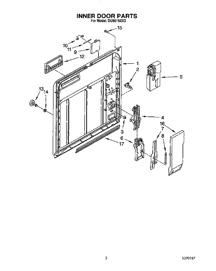 INNER DOOR Diagram and Parts List for DU8016XX3  Whirlpool Dishwasher