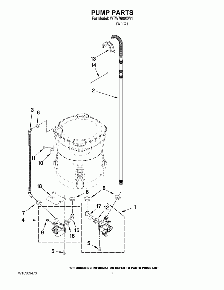 PUMP PARTS Diagram and Parts List for WTW7600XW1  Whirlpool Washer