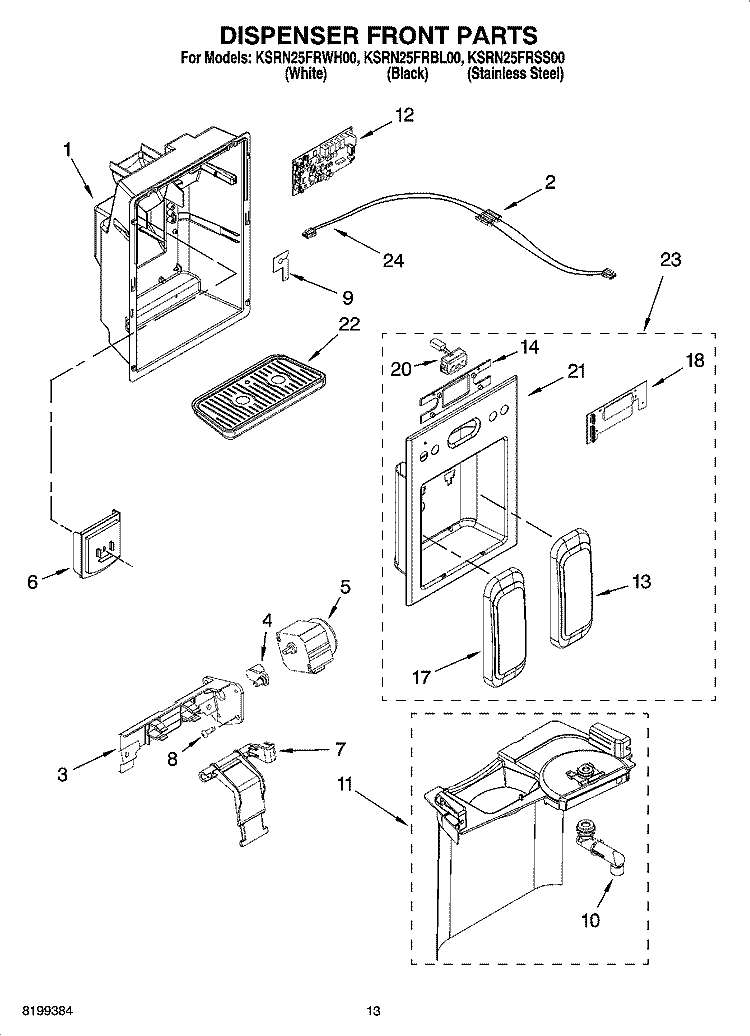 DISPENSER FRONT PARTS Diagram and Parts List for KSRN25FRBL00  KitchenAid Refrigerator