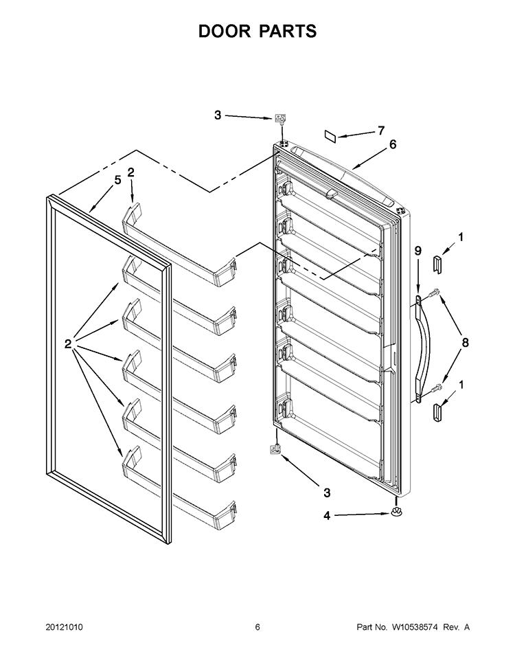 DOOR PARTS Diagram and Parts List for EV200NZTQ02  Whirlpool Freezer