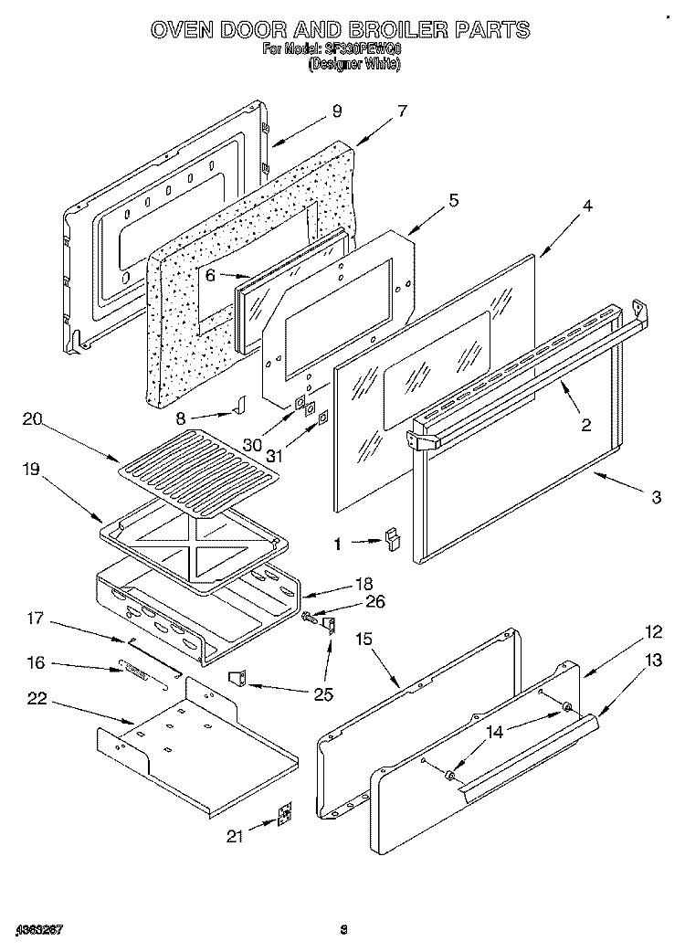 OVEN DOOR AND BROILER Diagram and Parts List for SF330PEWQ0  Whirlpool Range