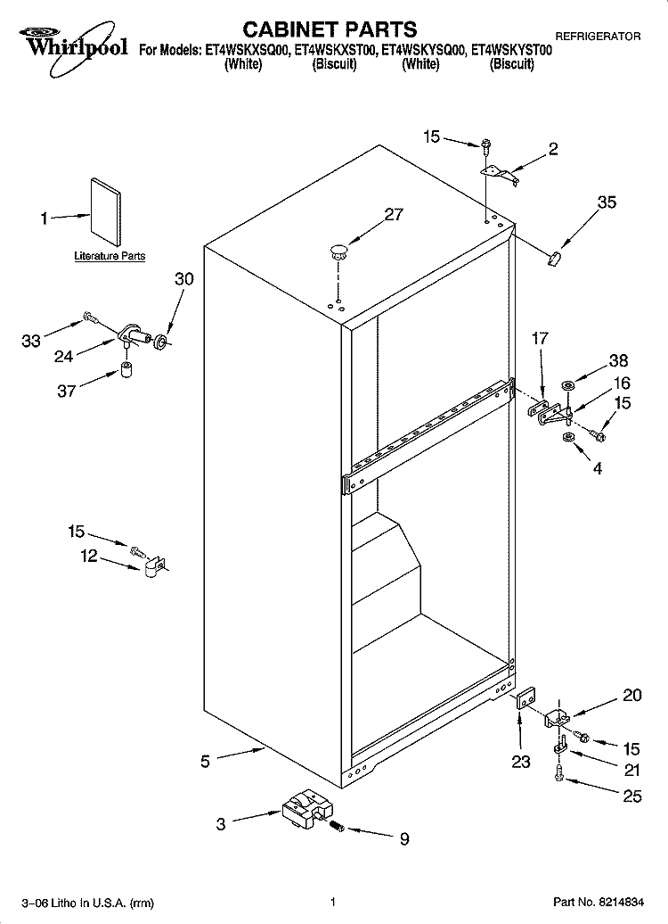 CABINET PARTS Diagram and Parts List for ET4WSKXST00  Whirlpool Refrigerator