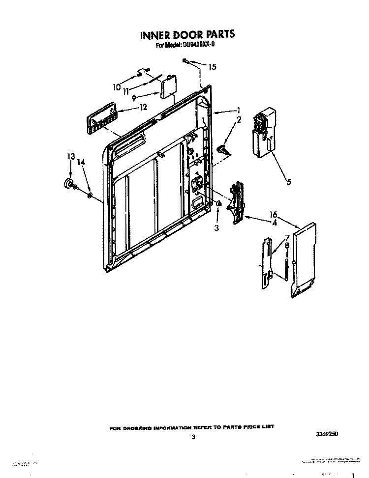 INNER DOOR Diagram and Parts List for DU9420XX0  Whirlpool Dishwasher