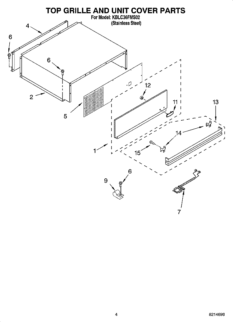 TOP GRILLE AND UNIT COVER PARTS Diagram and Parts List for KBLC36FMS02  KitchenAid Refrigerator