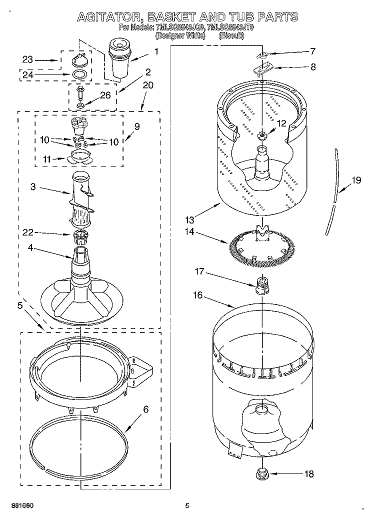 AGITATOR, BASKET AND TUB Diagram and Parts List for 7MLSQ8543JQ0  Whirlpool Washer