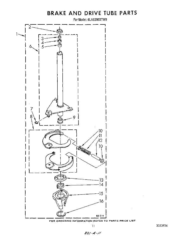 BRAKE AND DRIVE TUBE Diagram and Parts List for 6LA6300XTW0  Whirlpool Washer