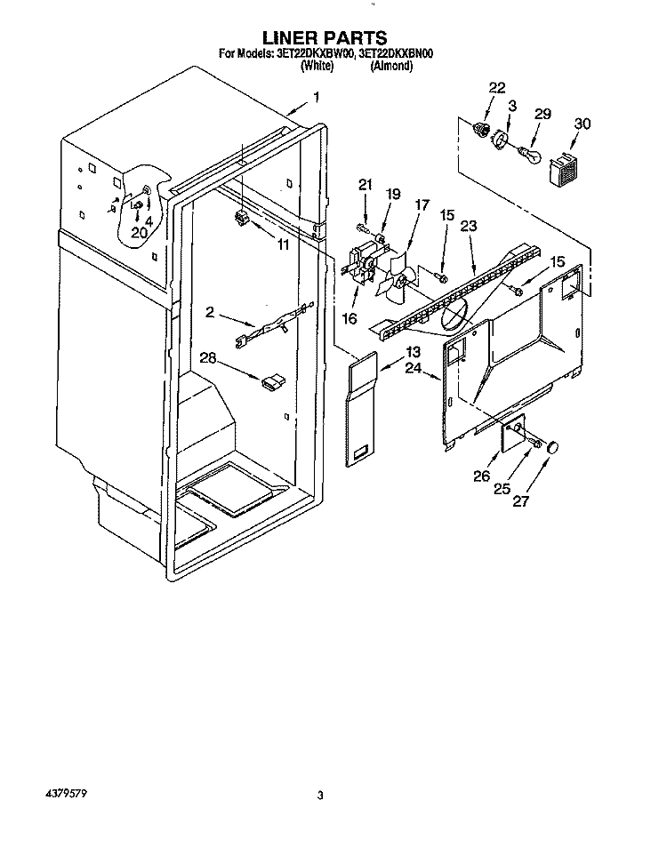 LINER Diagram and Parts List for 3ET22DKXBW00  Whirlpool Refrigerator