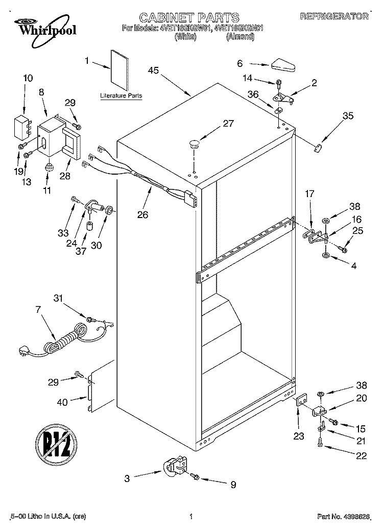 CABINET, LITERATURE Diagram and Parts List for 4VET16GKGN01  Whirlpool Refrigerator