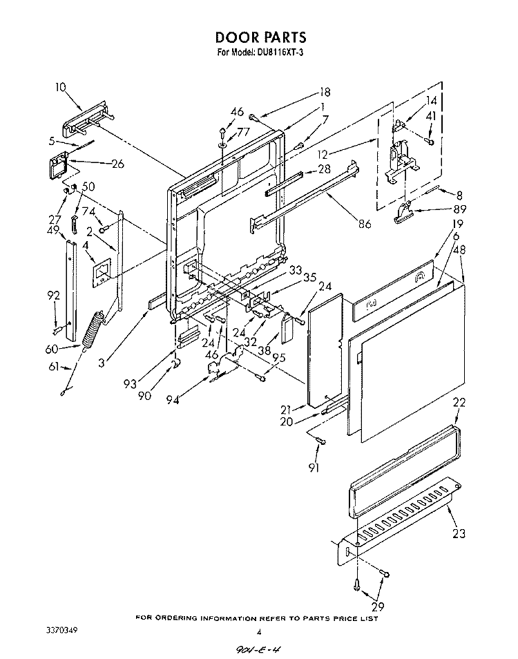 DOOR Diagram and Parts List for DU8116XT3  Whirlpool Dishwasher