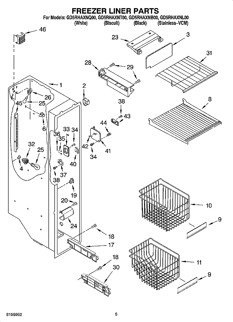 FREEZER LINER PARTS Diagram and Parts List for GD5RHAXNQ00  Whirlpool Refrigerator