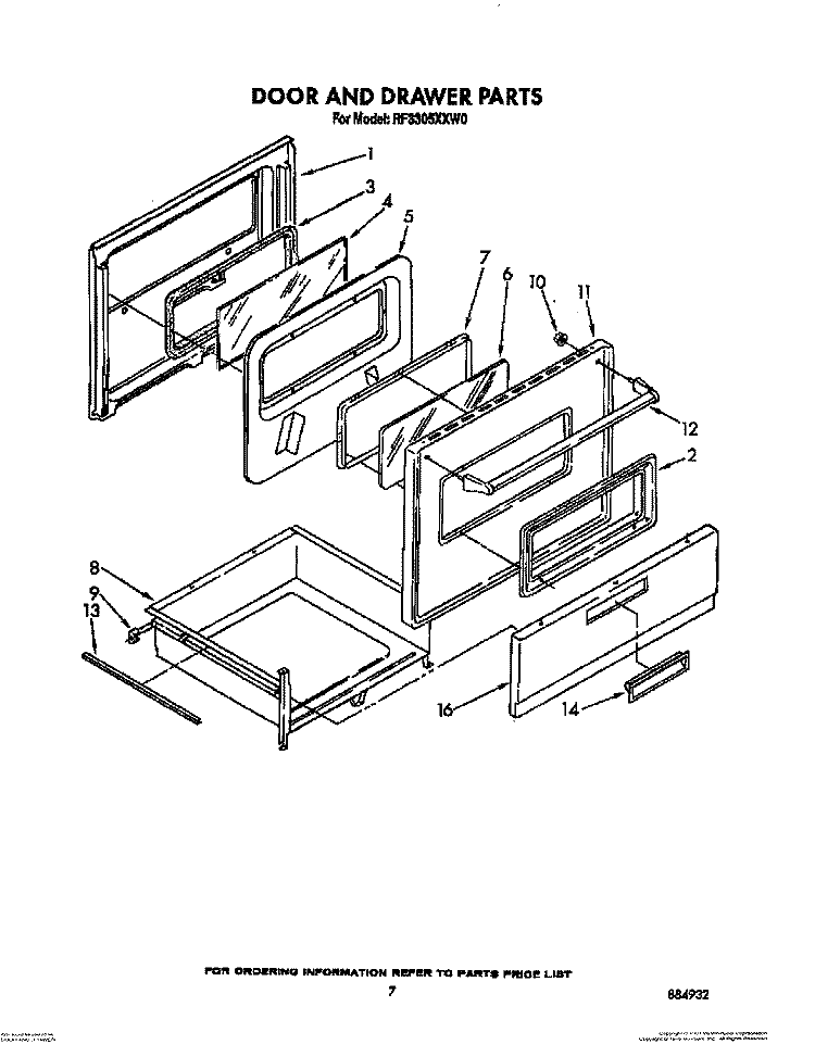 DOOR AND DRAWER Diagram and Parts List for RF3305XXN0  Whirlpool Range