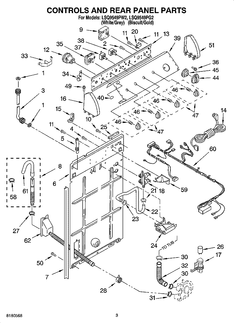 CONTROLS AND REAR PANEL PARTS Diagram and Parts List for LSQ9549PW2  Whirlpool Washer