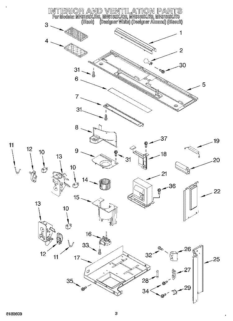 INTERIOR AND VENTILATION Diagram and Parts List for MH8150XJT0  Whirlpool Microwave