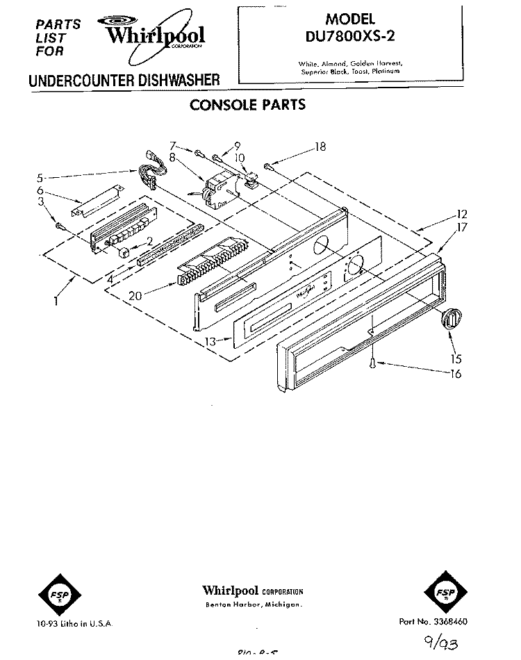 CONSOLE Diagram and Parts List for DU7800XS2  Whirlpool Dishwasher