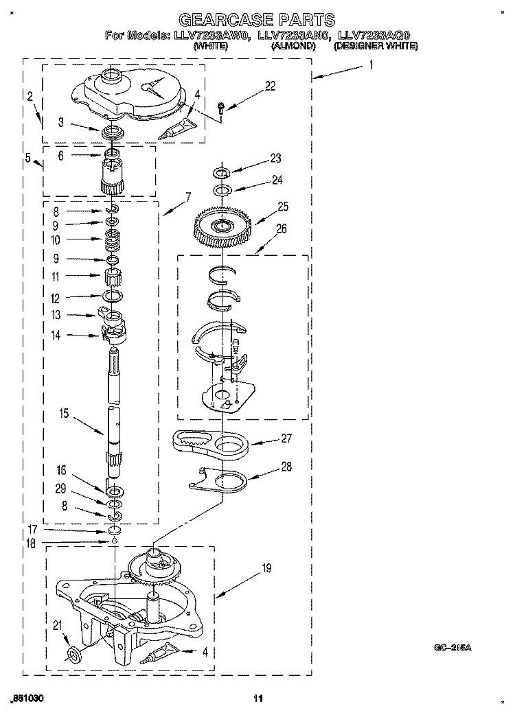 GEARCASE Diagram and Parts List for LLV7233AW0  Whirlpool Washer