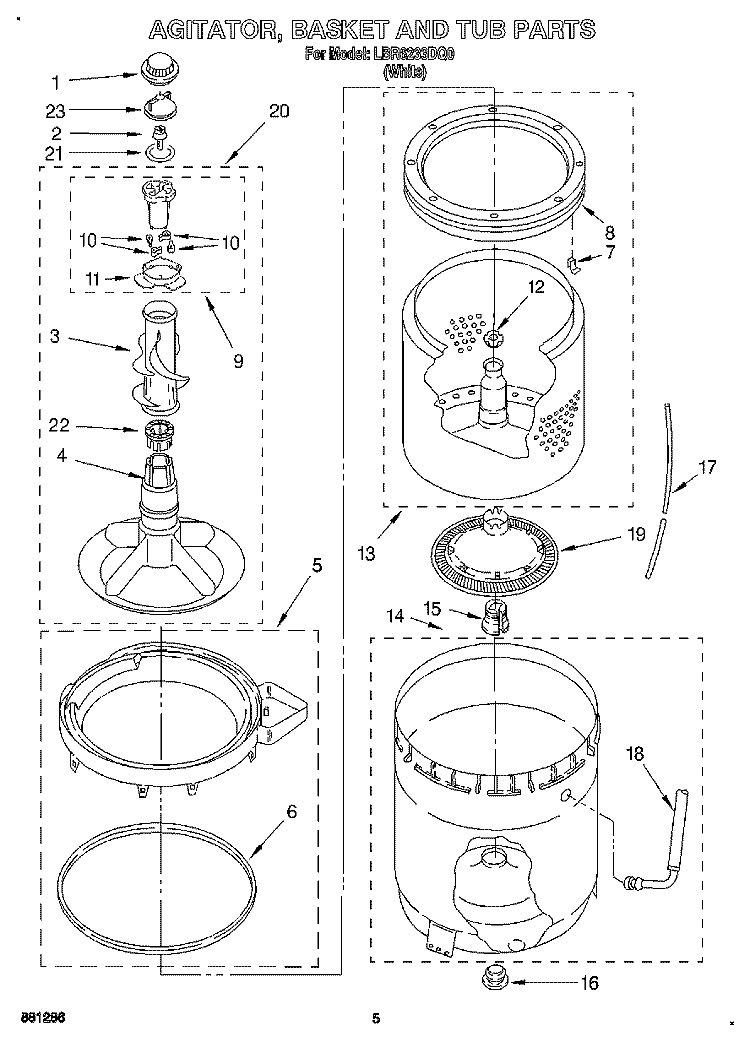 AGITATOR, BASKET AND TUB Diagram and Parts List for LBR6233DQ0  Whirlpool Washer