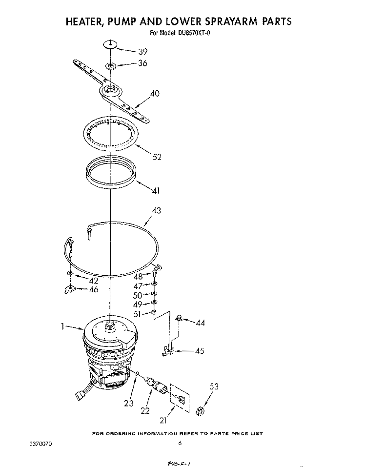 HEATER, PUMP AND LOWER SPRAY ARM Diagram and Parts List for DU8570XT0  Whirlpool Dishwasher