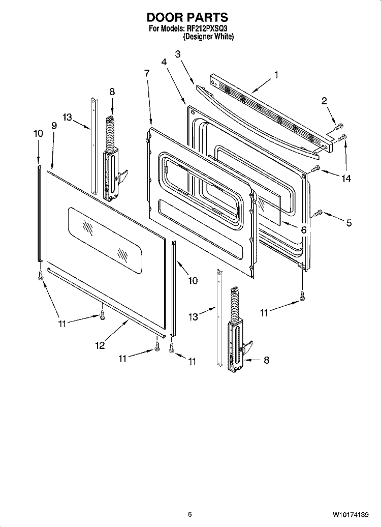 DOOR PARTS, OPTIONAL PARTS (NOT INCLUDED) Diagram and Parts List for RF212PXSQ3  Whirlpool Range