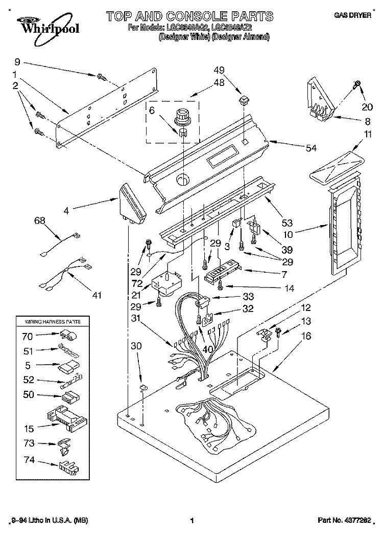 TOP AND CONSOLE, LIT/OPTIONAL Diagram and Parts List for LGC6848AZ2  Whirlpool Dryer